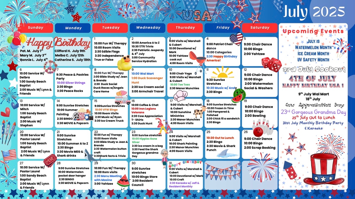 July 2025 Community Calendar at Azle Manor